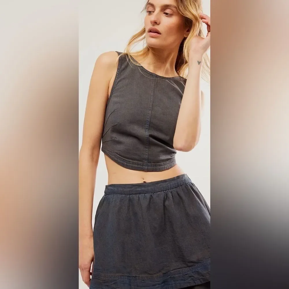 Free People 2 Piece Ryder Denim Set Skirt & Crop Top Size Medium